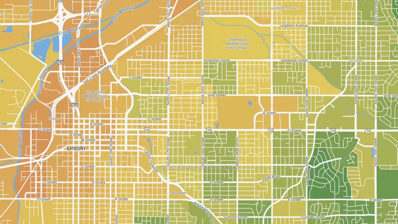 Map of the best neighborhoods in the Hartley, Lincoln area, with better matches in green and worse matches in red