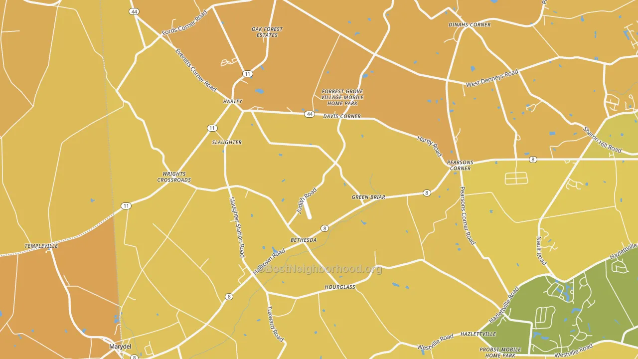 Map of the best neighborhoods in the Hartly area, with better matches in green and worse matches in red