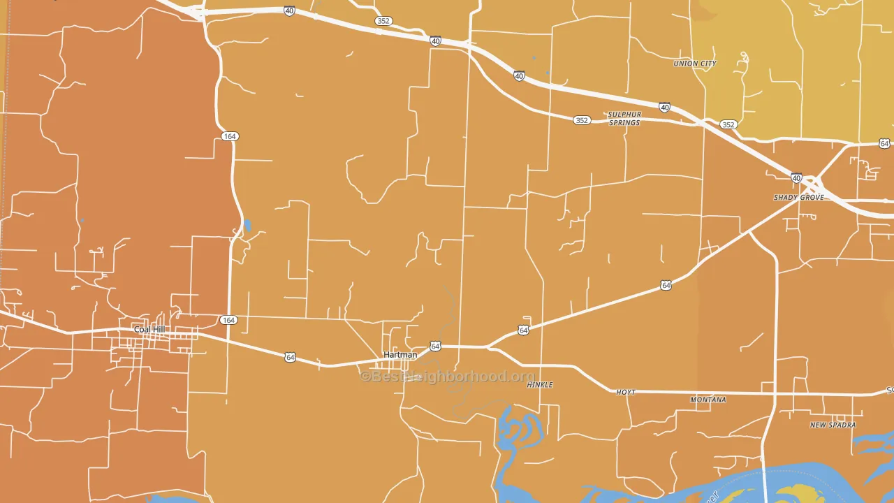 Map of the best neighborhoods in the Hartman area, with better matches in green and worse matches in red