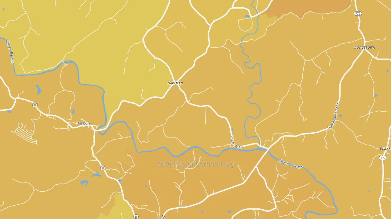 Map of the best neighborhoods in the Hartman area, with better matches in green and worse matches in red