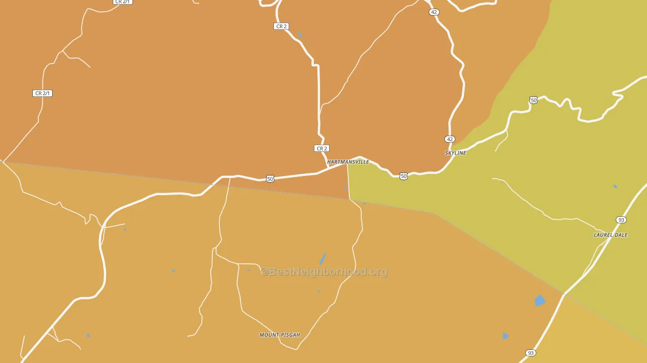 Map of the best neighborhoods in the Hartmansville area, with better matches in green and worse matches in red