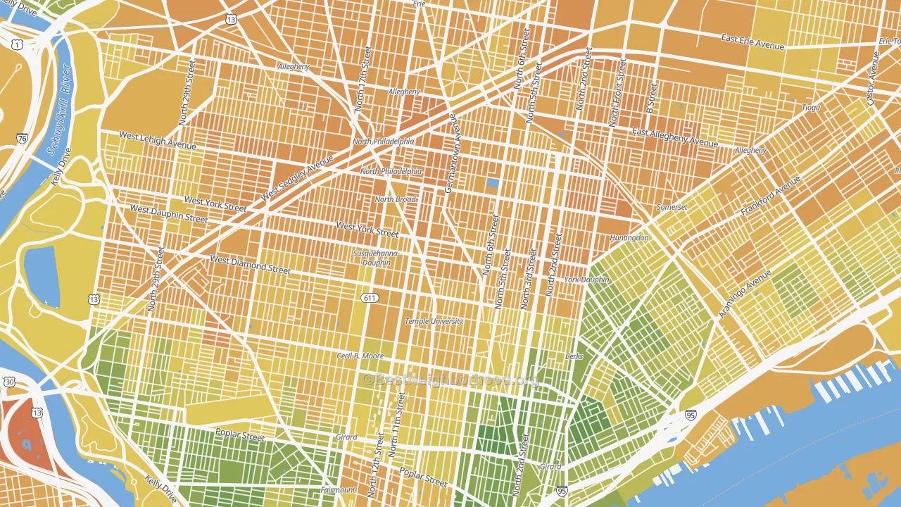 Map of the best neighborhoods in the Hartranft, Philadelphia area, with better matches in green and worse matches in red