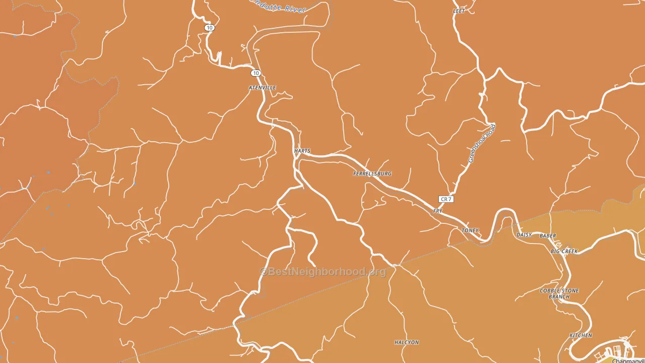 Map of the best neighborhoods in the Harts area, with better matches in green and worse matches in red