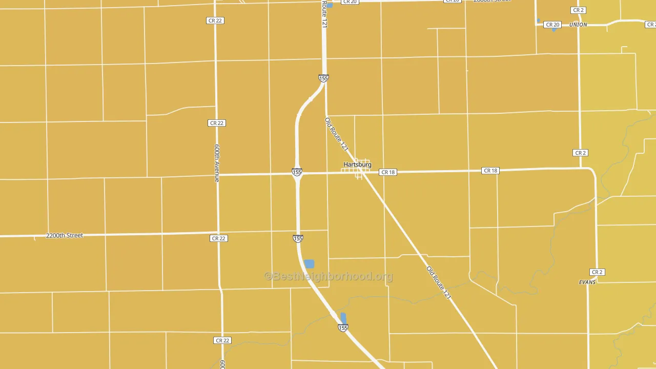 Map of the best neighborhoods in the Hartsburg area, with better matches in green and worse matches in red