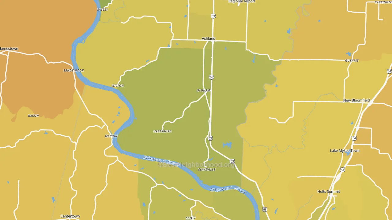 Map of the best neighborhoods in the Hartsburg area, with better matches in green and worse matches in red