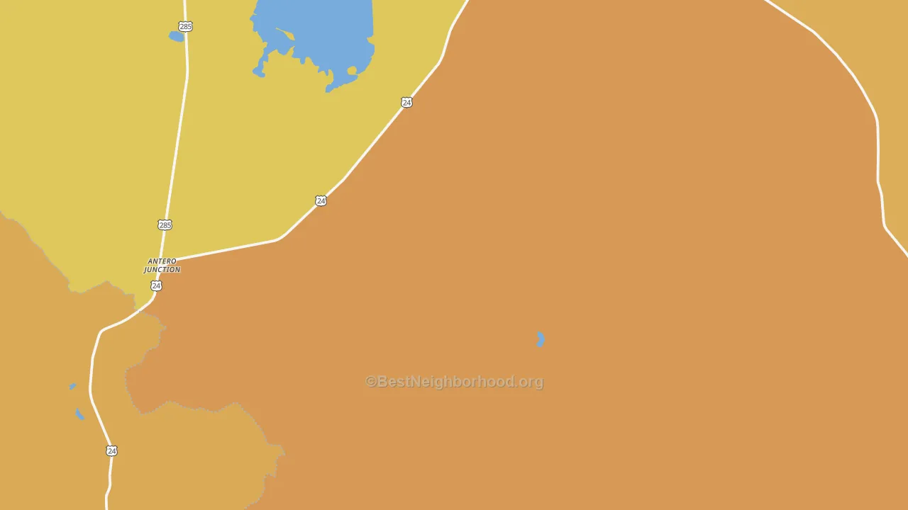 Map of the best neighborhoods in the Hartsel area, with better matches in green and worse matches in red