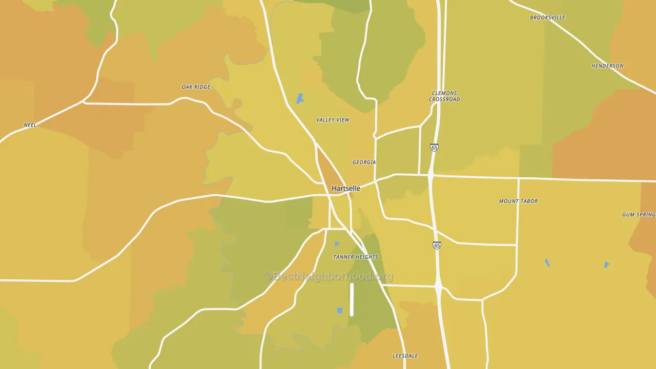 Map of the best neighborhoods in the Hartselle area, with better matches in green and worse matches in red