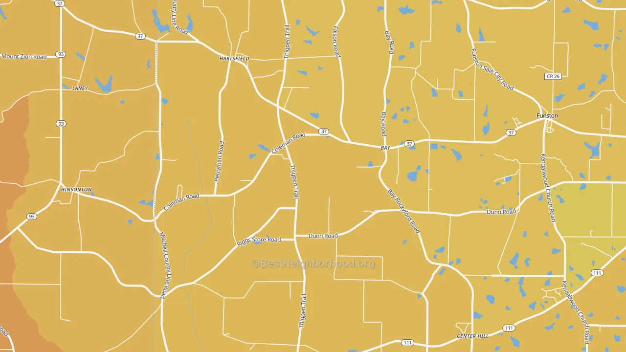 Map of the best neighborhoods in the Hartsfield area, with better matches in green and worse matches in red