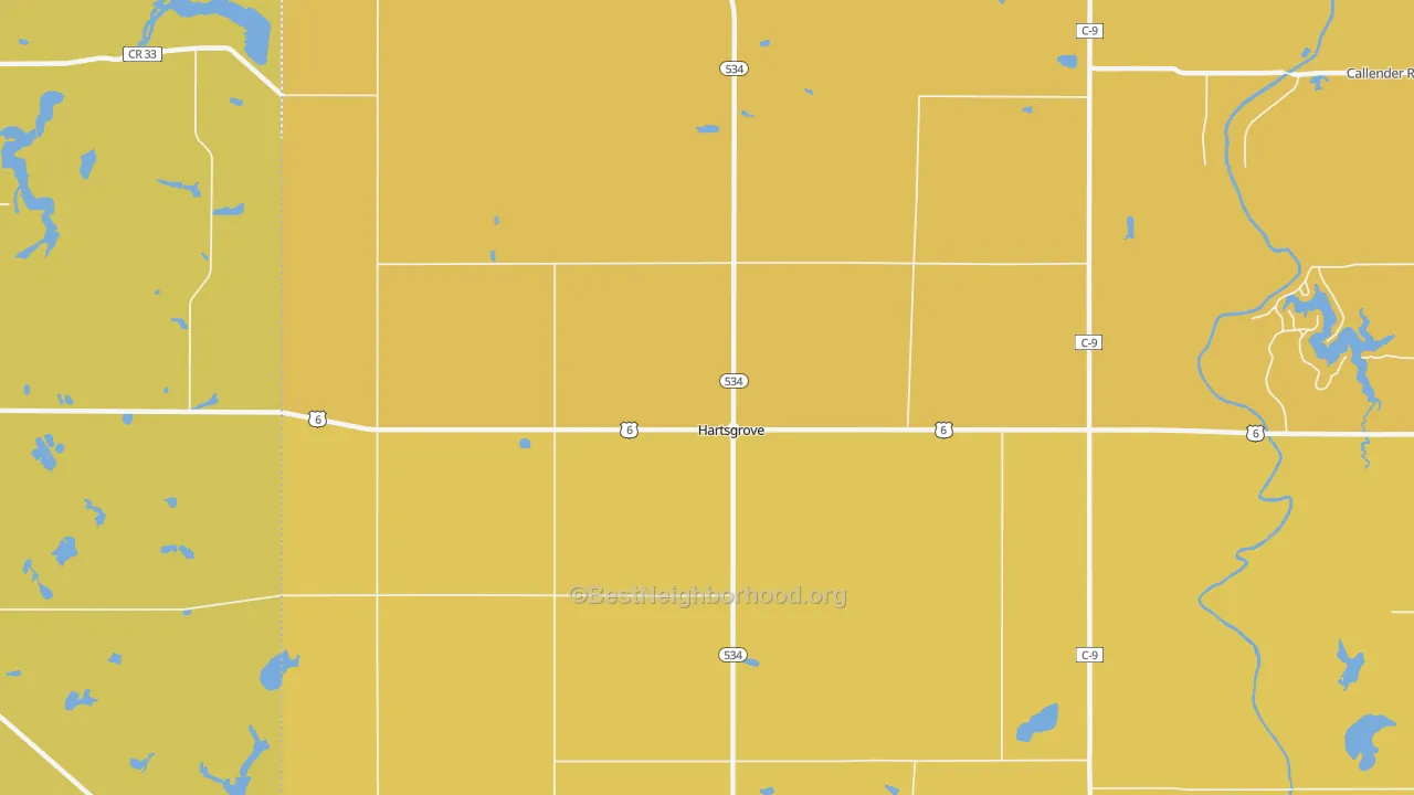 Map of the best neighborhoods in the Hartsgrove area, with better matches in green and worse matches in red