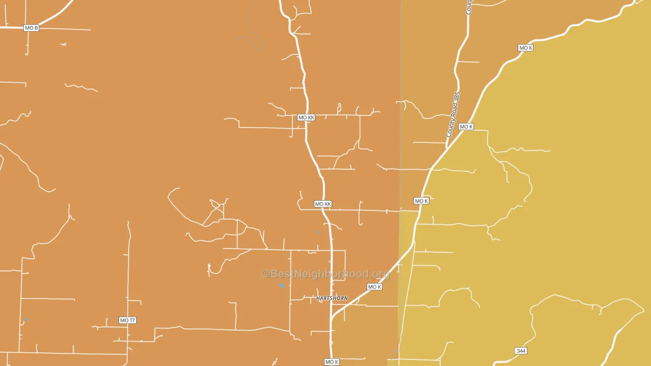 Map of the best neighborhoods in the Hartshorn area, with better matches in green and worse matches in red