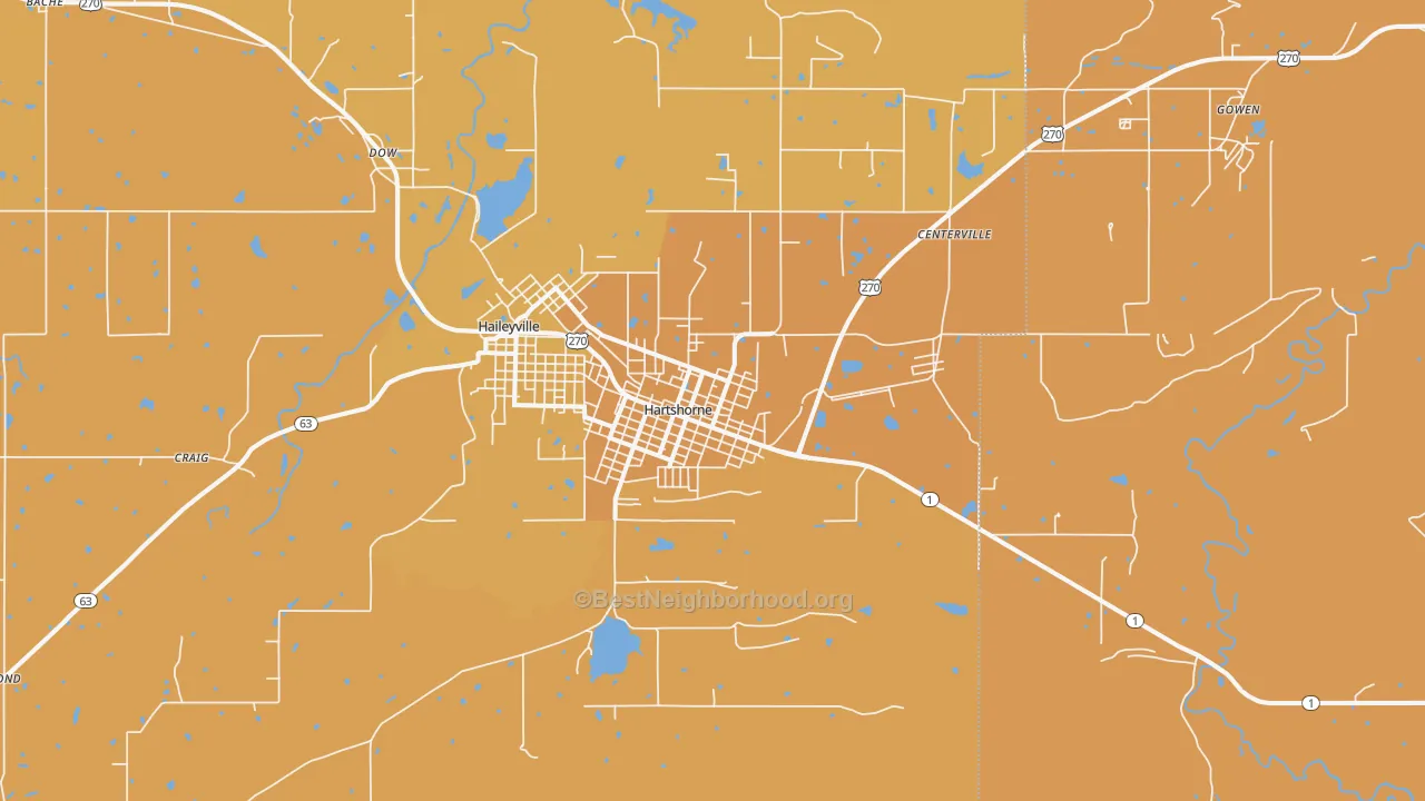 Map of the best neighborhoods in the Hartshorne area, with better matches in green and worse matches in red