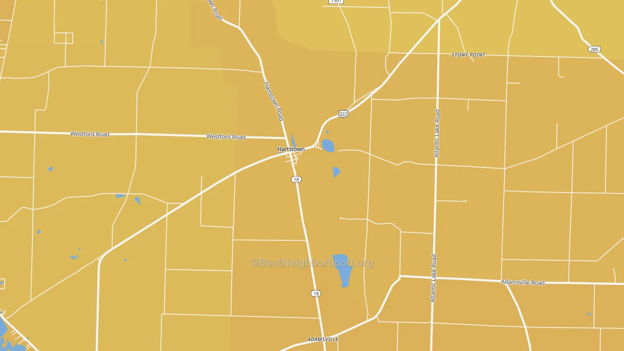 Map of the best neighborhoods in the Hartstown area, with better matches in green and worse matches in red