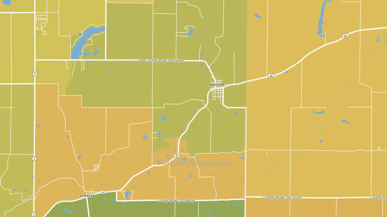 Map of the best neighborhoods in the Hartsville area, with better matches in green and worse matches in red