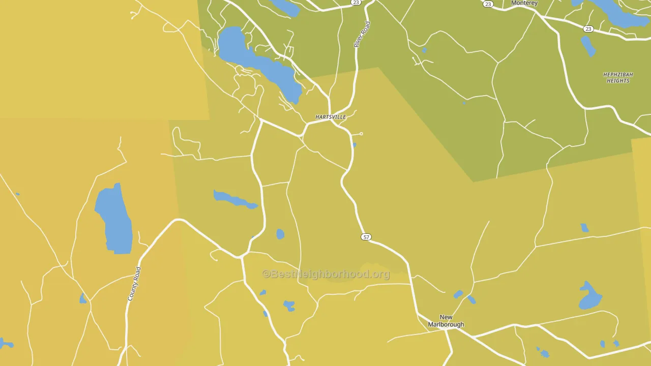 Map of the best neighborhoods in the Hartsville area, with better matches in green and worse matches in red