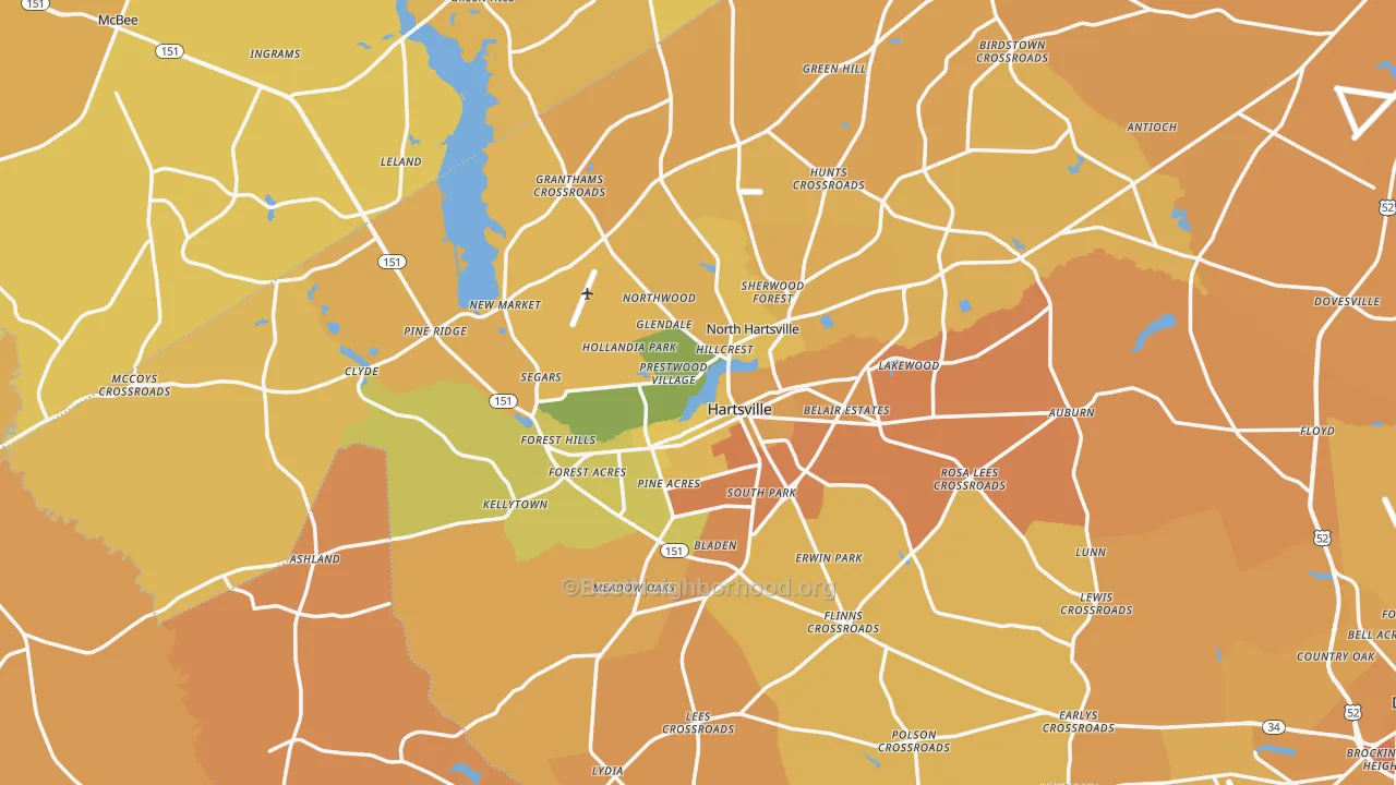 Map of the best neighborhoods in the Hartsville area, with better matches in green and worse matches in red