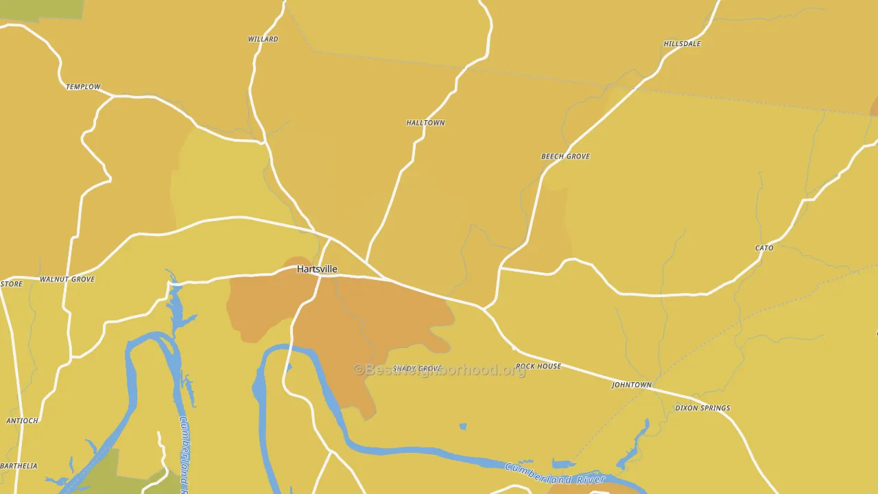 Map of the best neighborhoods in the Hartsville area, with better matches in green and worse matches in red