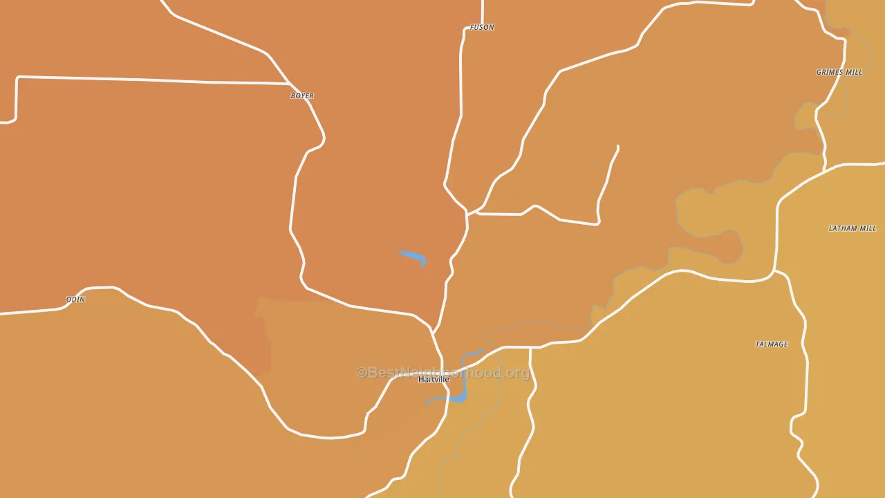 Map of the best neighborhoods in the Hartville area, with better matches in green and worse matches in red
