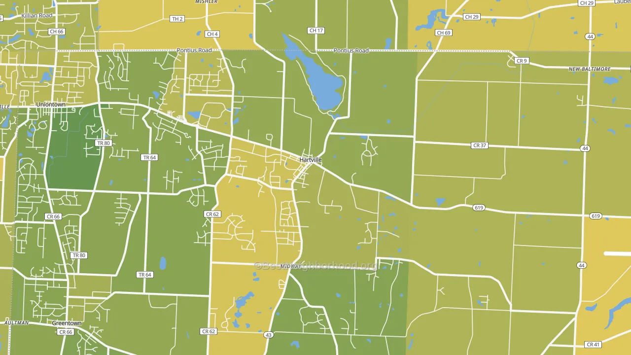Map of the best neighborhoods in the Hartville area, with better matches in green and worse matches in red