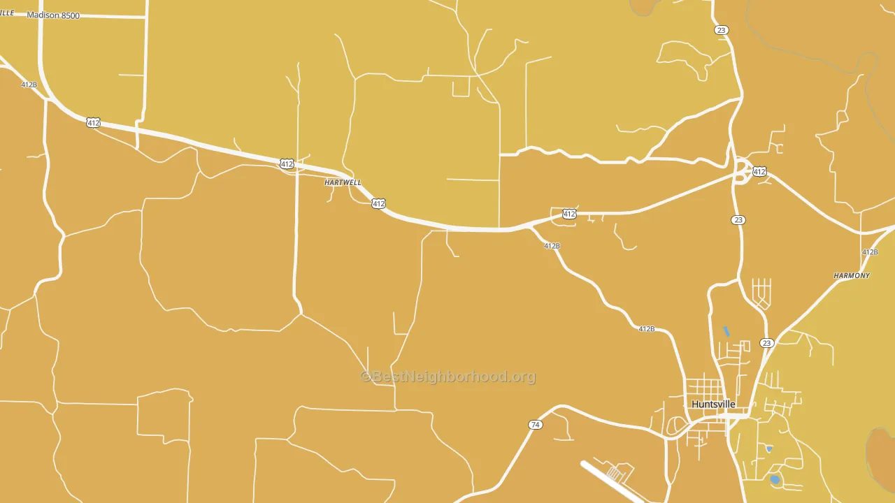 Map of the best neighborhoods in the Hartwell area, with better matches in green and worse matches in red