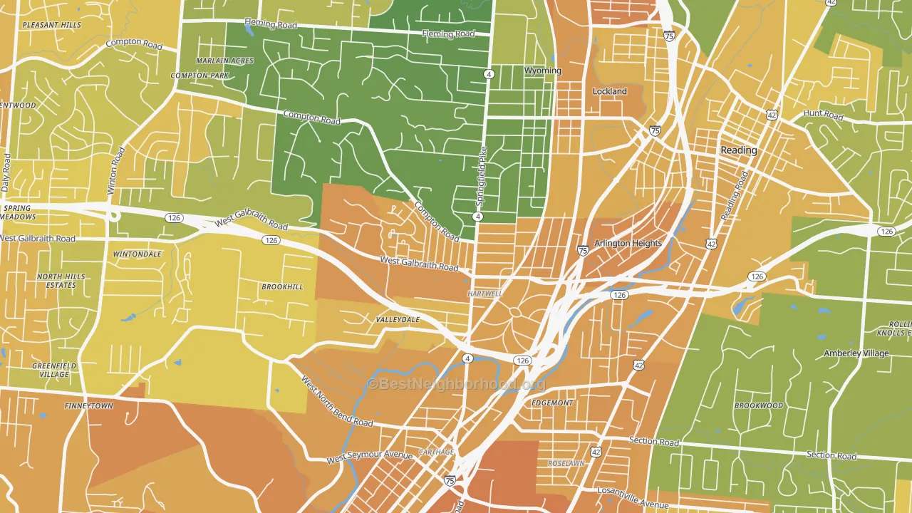 Map of the best neighborhoods in the Hartwell, Cincinnati area, with better matches in green and worse matches in red