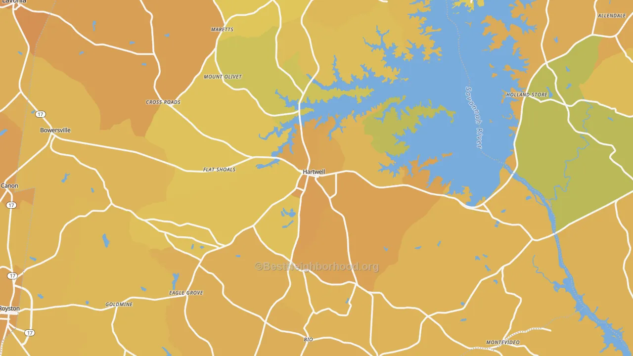 Map of the best neighborhoods in the Hartwell area, with better matches in green and worse matches in red