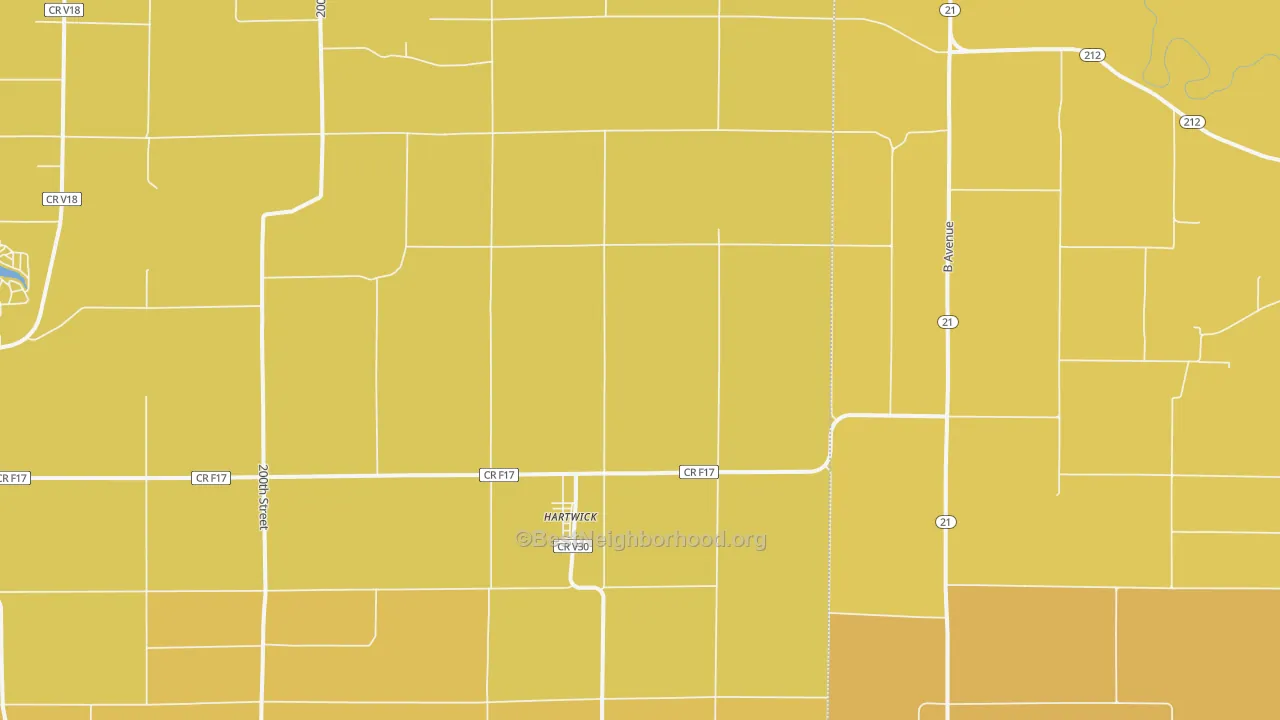 Map of the best neighborhoods in the Hartwick area, with better matches in green and worse matches in red