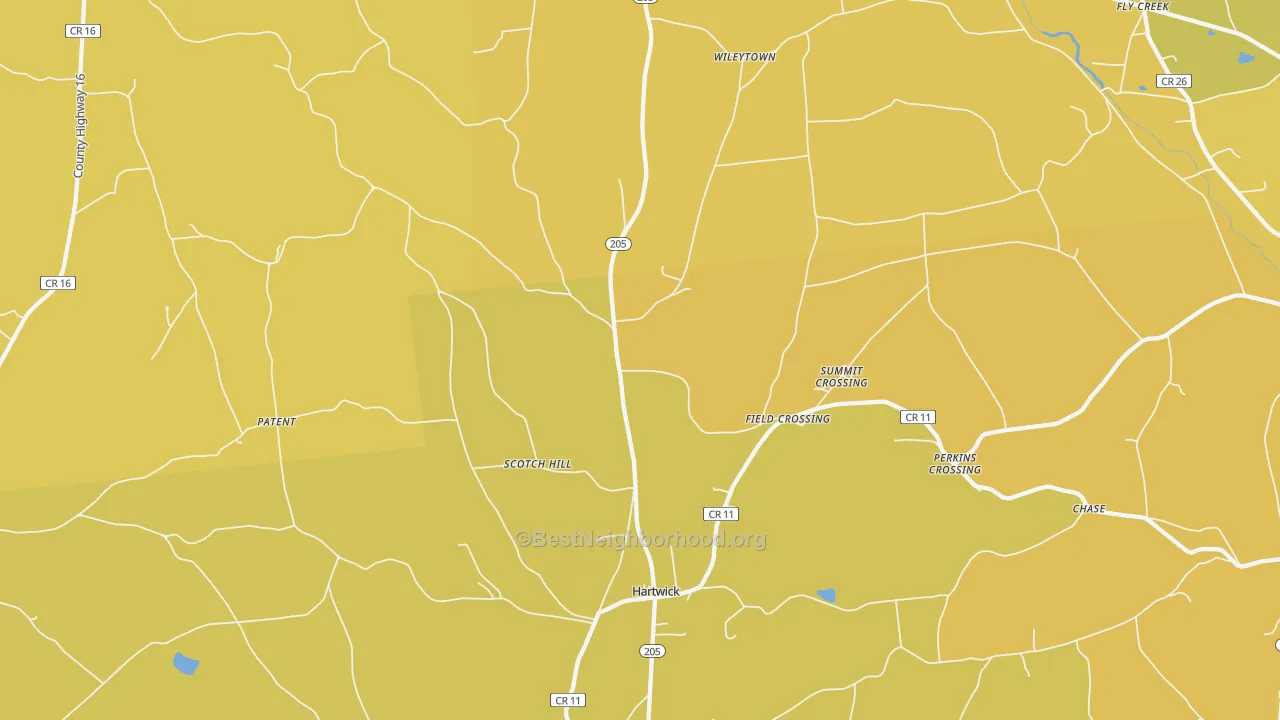 Map of the best neighborhoods in the Hartwick area, with better matches in green and worse matches in red