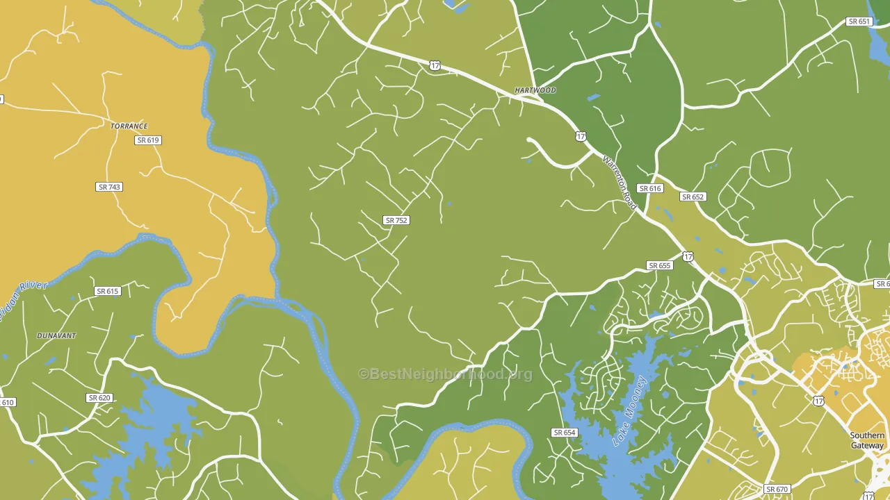 Map of the best neighborhoods in the Hartwood area, with better matches in green and worse matches in red