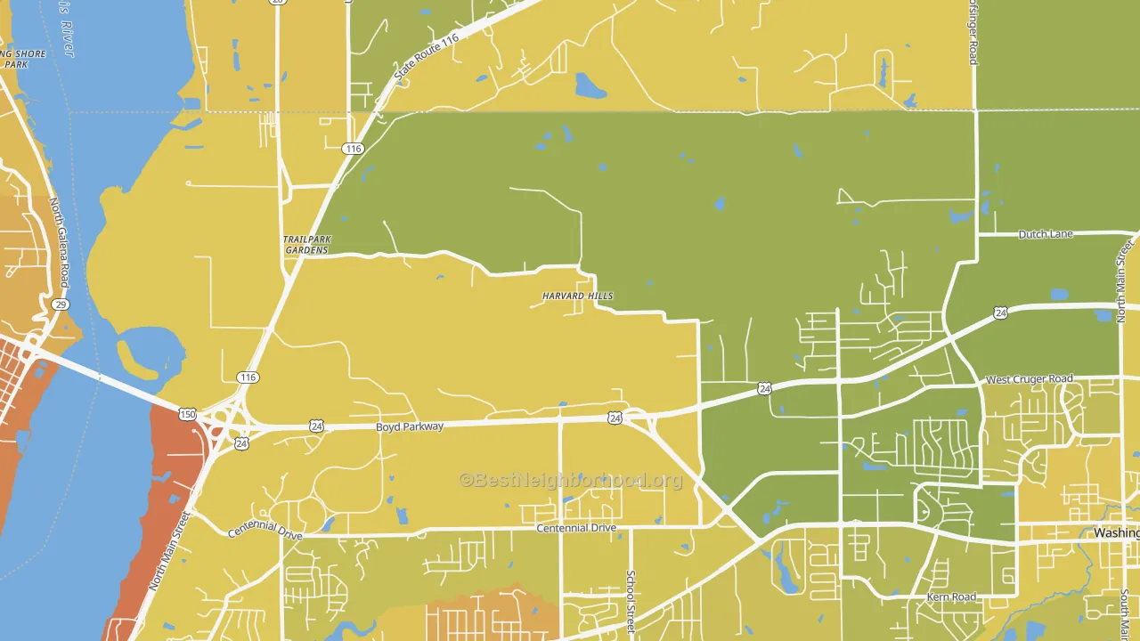 Map of the best neighborhoods in the Harvard Hills area, with better matches in green and worse matches in red