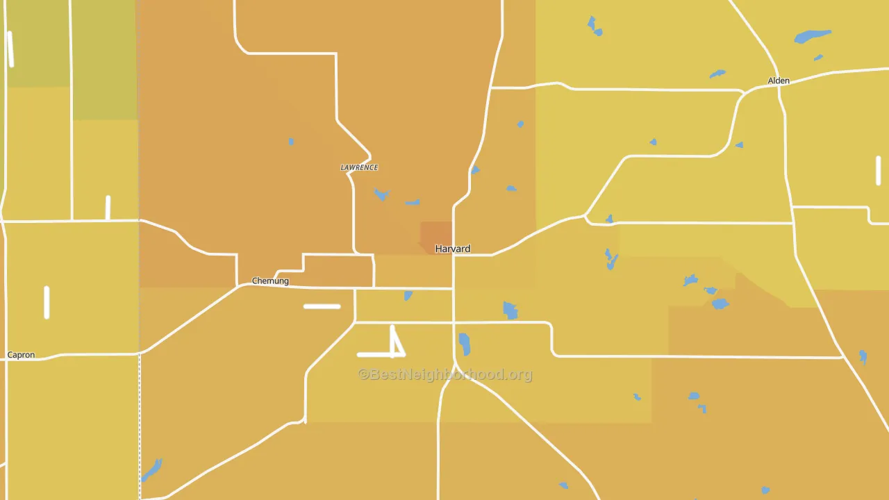 Map of the best neighborhoods in the Harvard area, with better matches in green and worse matches in red
