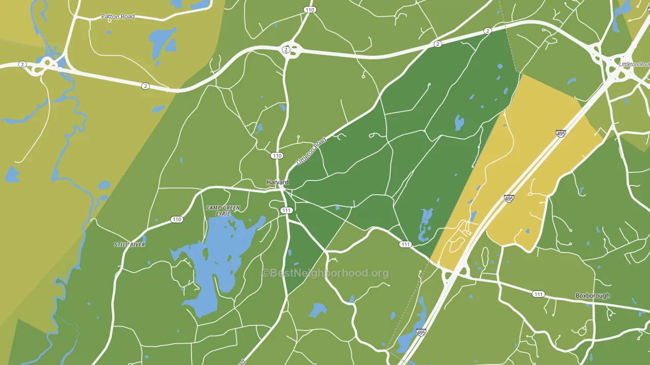 Map of the best neighborhoods in the Harvard area, with better matches in green and worse matches in red