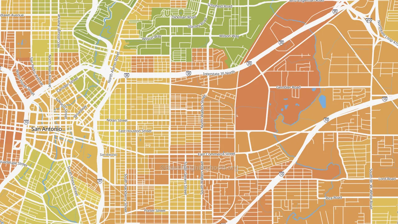 Map of the best neighborhoods in the Harvard Place-Eastlawn, San Antonio area, with better matches in green and worse matches in red