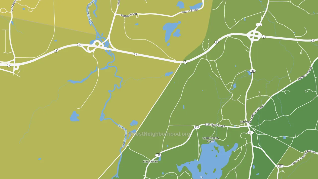 Map of the best neighborhoods in the Harvard Station area, with better matches in green and worse matches in red