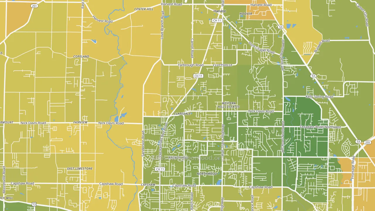 Map of the best neighborhoods in the Harvest area, with better matches in green and worse matches in red