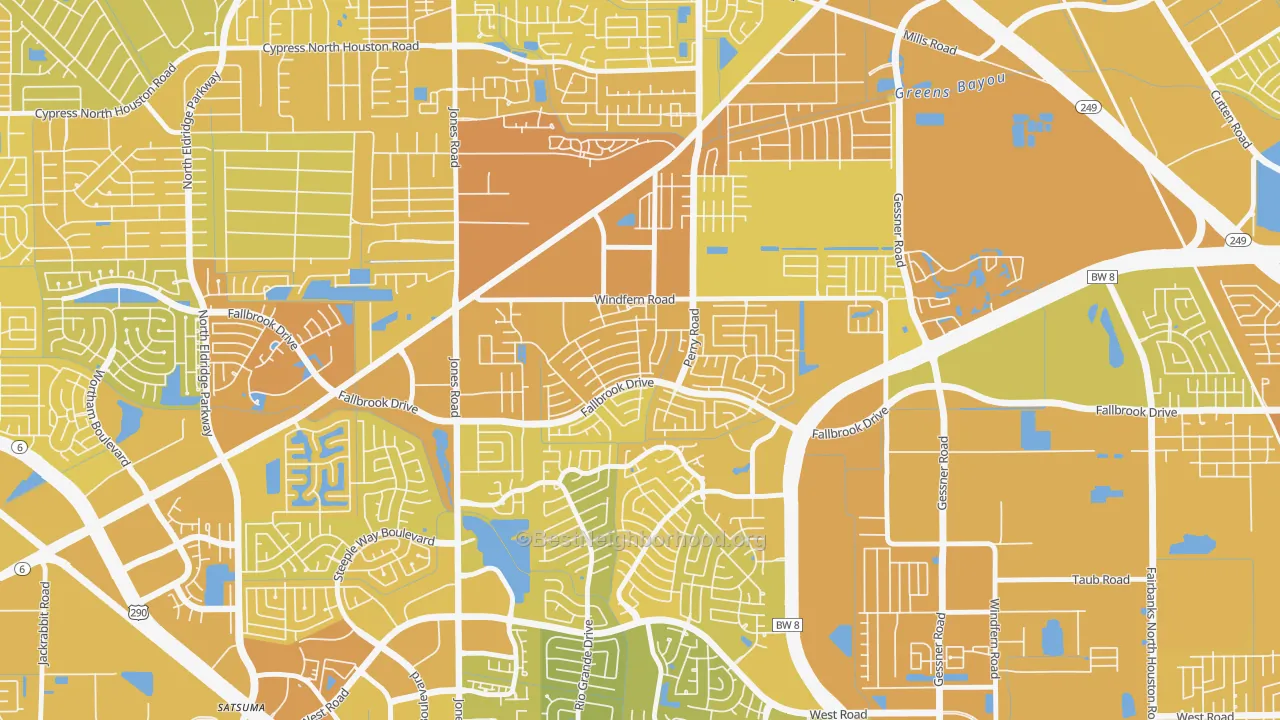 Map of the best neighborhoods in the Harvest Bend, Houston area, with better matches in green and worse matches in red