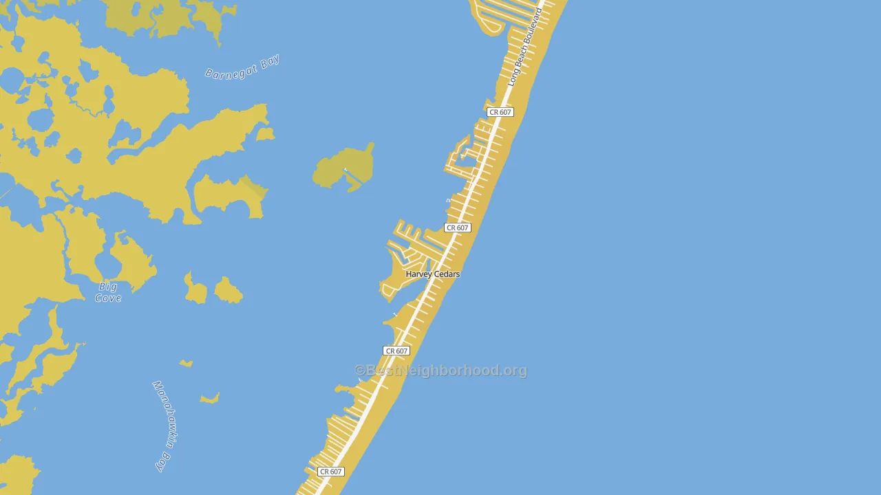 Map of the best neighborhoods in the Harvey Cedars area, with better matches in green and worse matches in red
