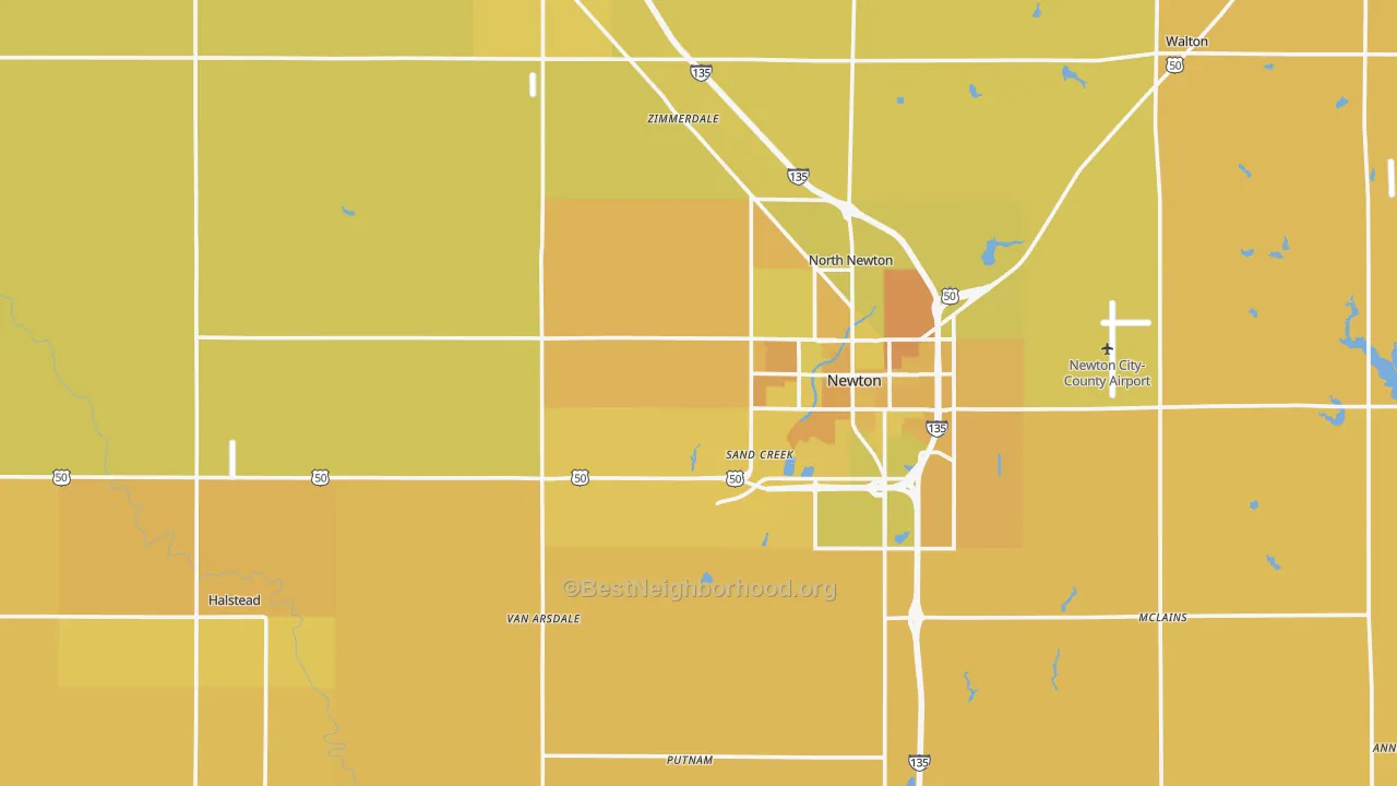 Map of the best neighborhoods in the Harvey County area, with better matches in green and worse matches in red