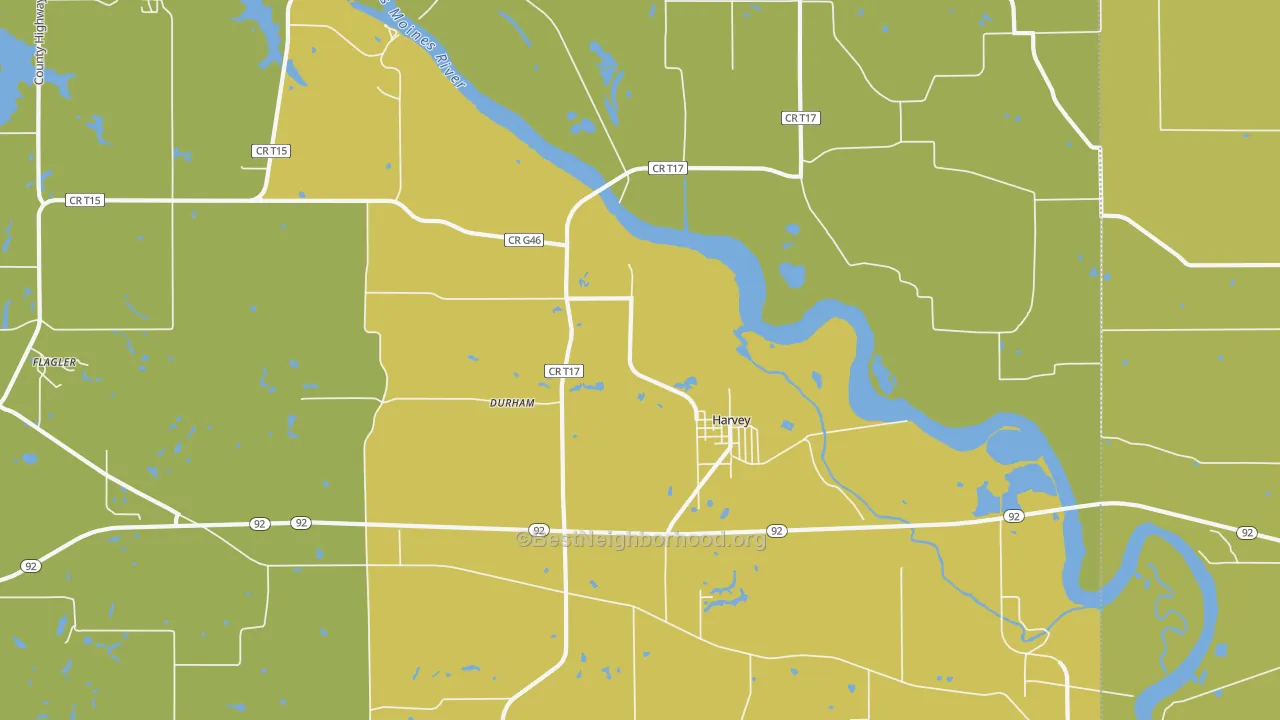 Map of the best neighborhoods in the Harvey area, with better matches in green and worse matches in red