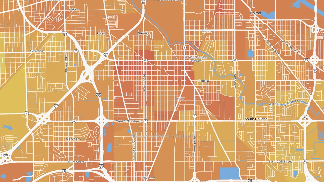 Map of the best neighborhoods in the Harvey area, with better matches in green and worse matches in red