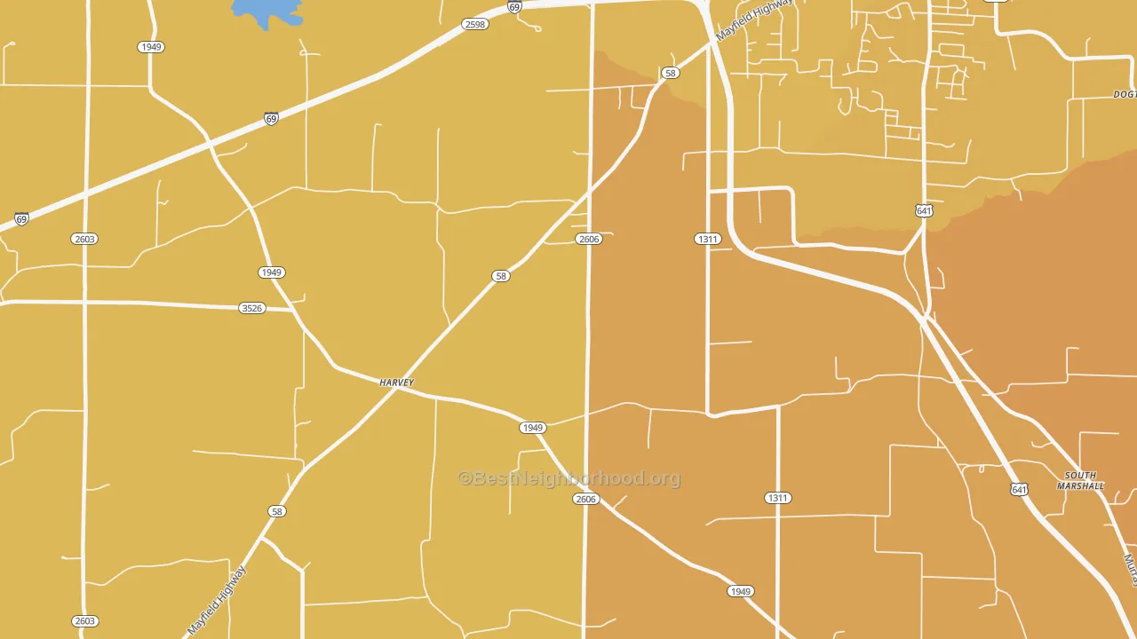 Map of the best neighborhoods in the Harvey area, with better matches in green and worse matches in red