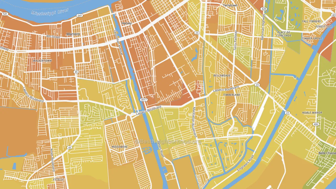 Map of the best neighborhoods in the Harvey area, with better matches in green and worse matches in red
