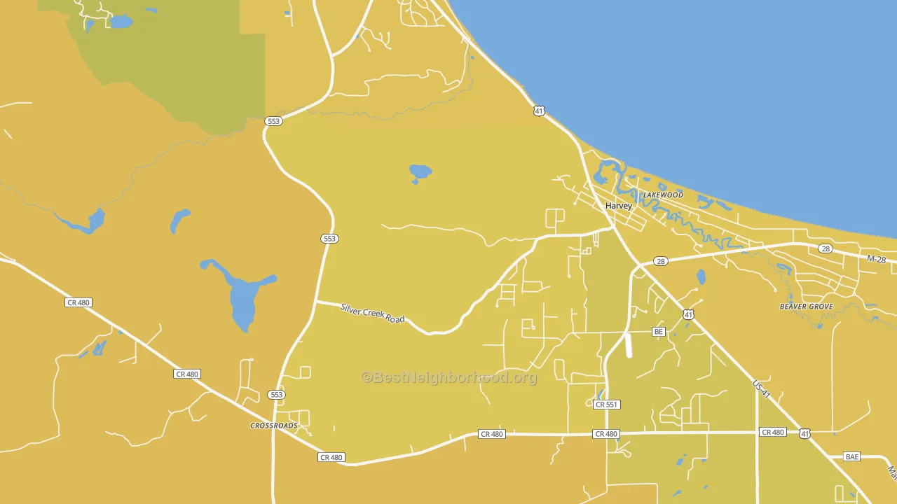 Map of the best neighborhoods in the Harvey area, with better matches in green and worse matches in red
