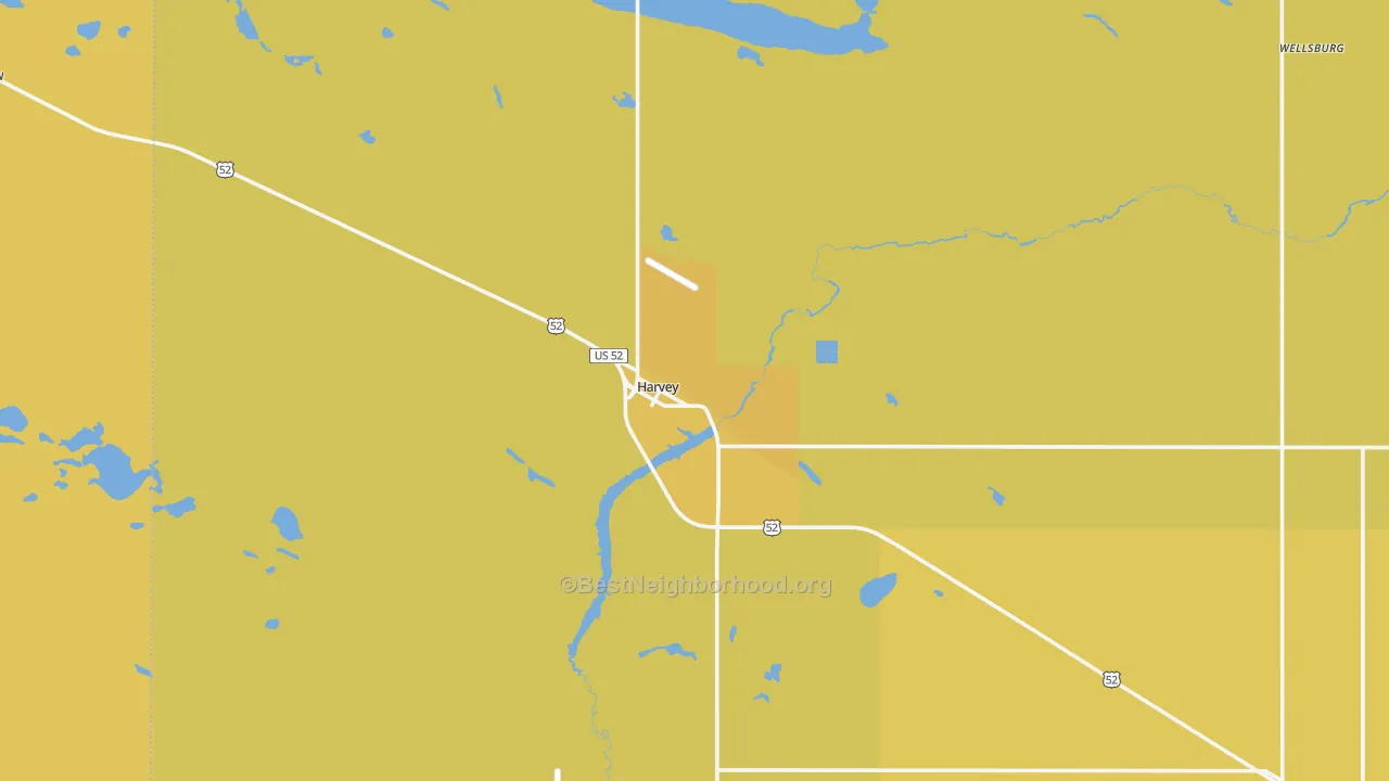 Map of the best neighborhoods in the Harvey area, with better matches in green and worse matches in red