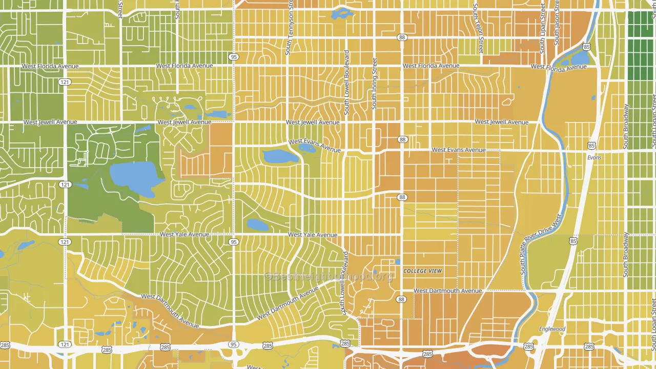 Map of the best neighborhoods in the Harvey Park, Denver area, with better matches in green and worse matches in red