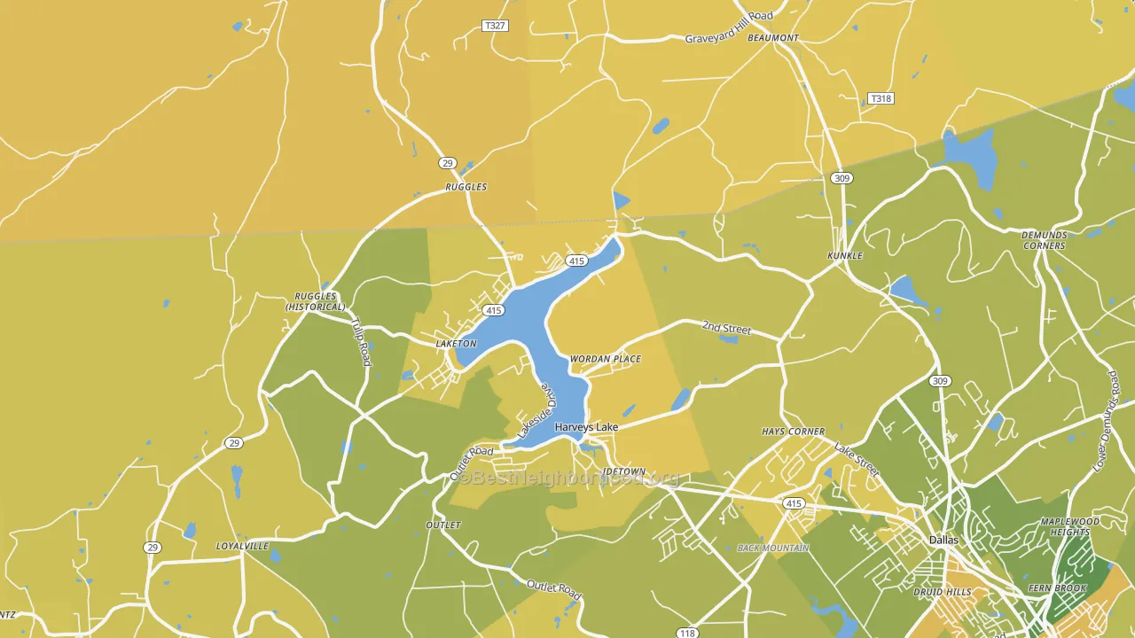 Map of the best neighborhoods in the Harveys Lake area, with better matches in green and worse matches in red
