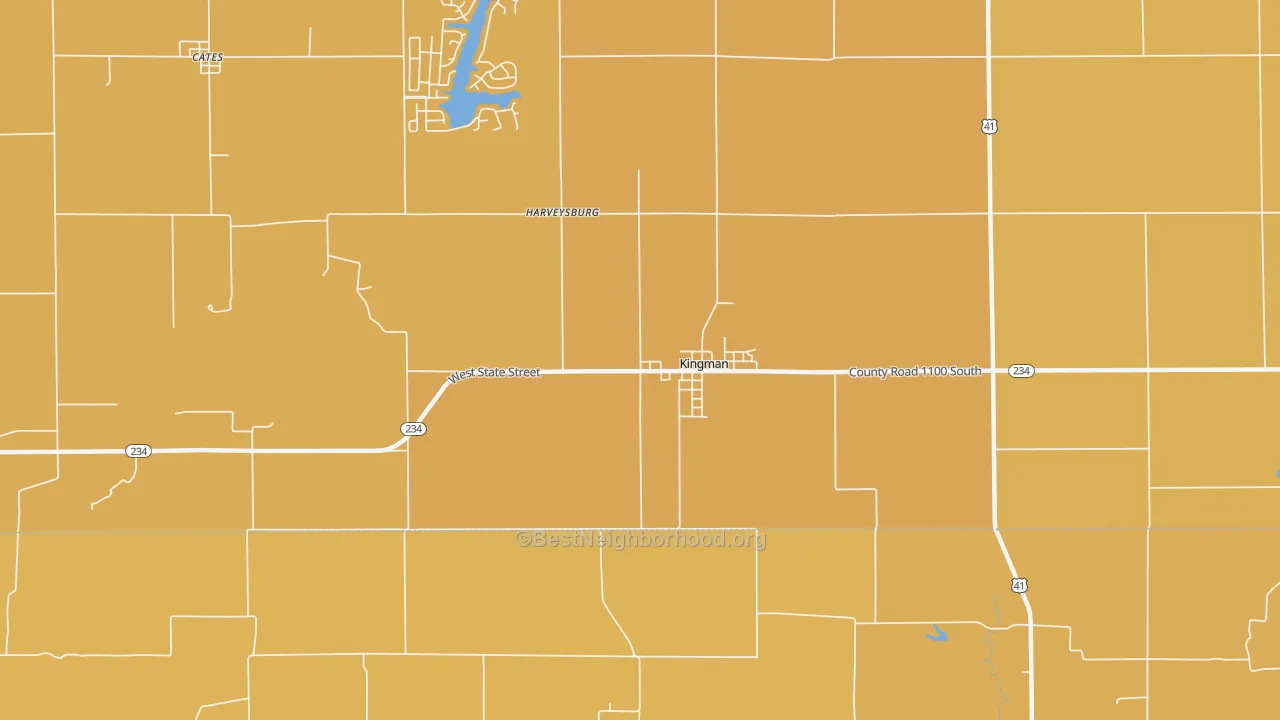 Map of the best neighborhoods in the Harveysburg area, with better matches in green and worse matches in red