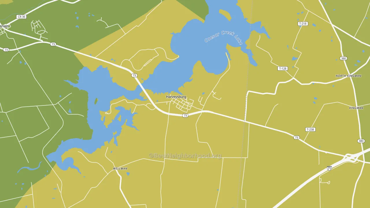 Map of the best neighborhoods in the Harveysburg area, with better matches in green and worse matches in red