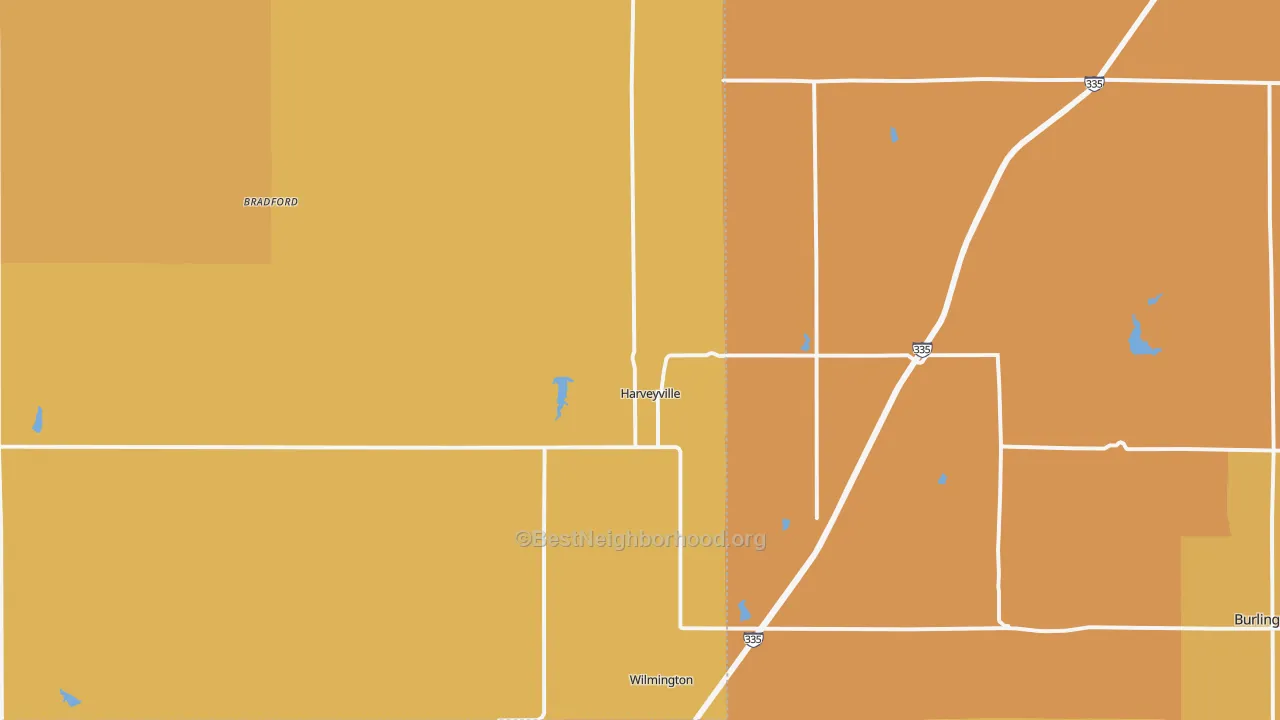 Map of the best neighborhoods in the Harveyville area, with better matches in green and worse matches in red