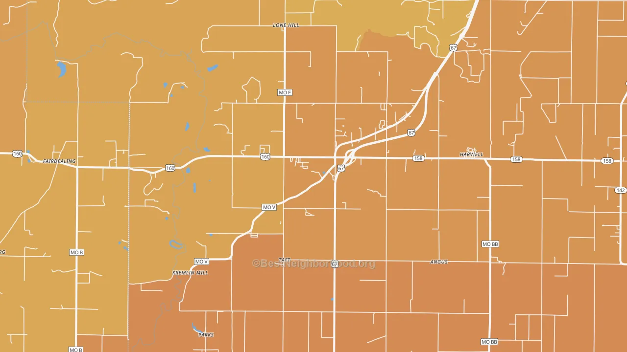 Map of the best neighborhoods in the Harviell area, with better matches in green and worse matches in red