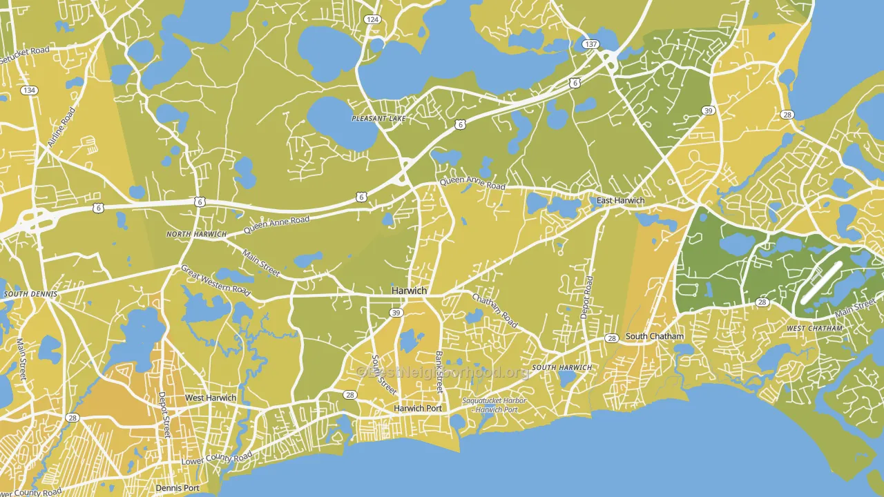 Map of the best neighborhoods in the Harwich area, with better matches in green and worse matches in red